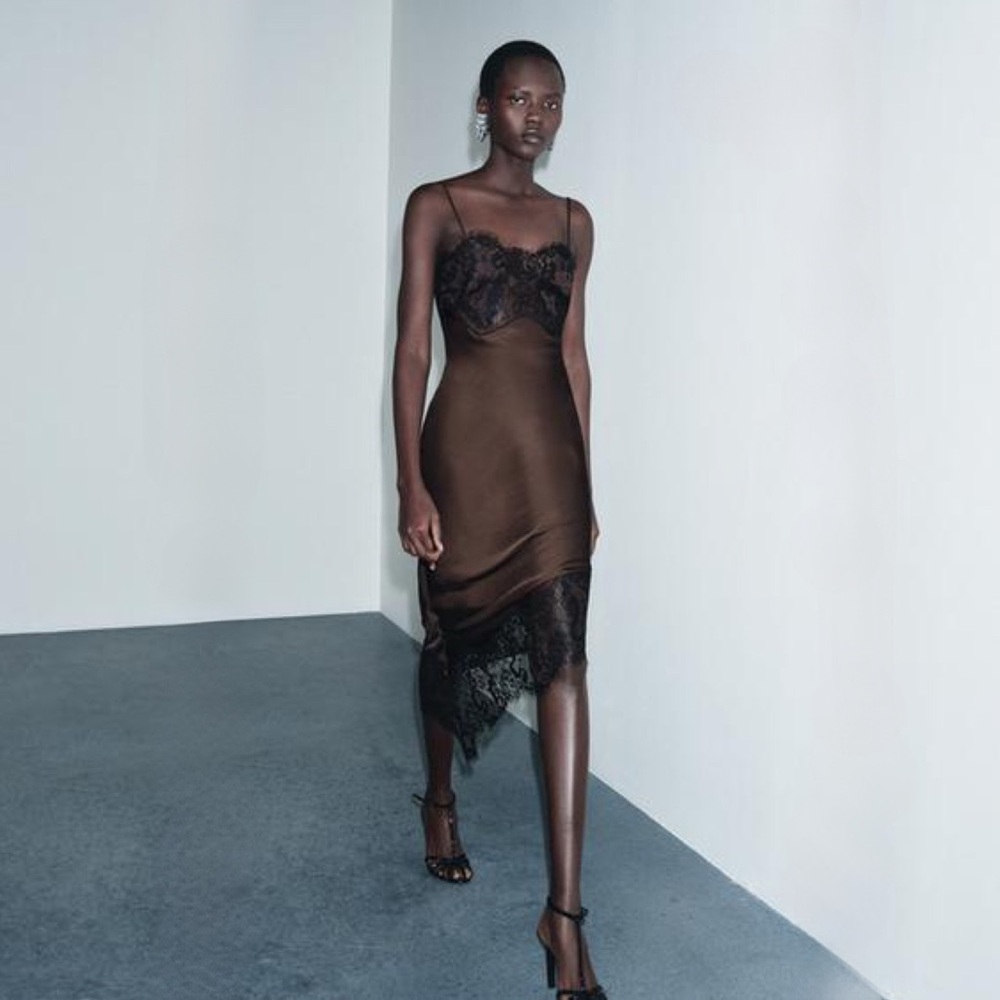 ASYMMETRIC SATIN LACE DRESS ZW COLLECTION - SLIP DRESS - Picture 3 of 17